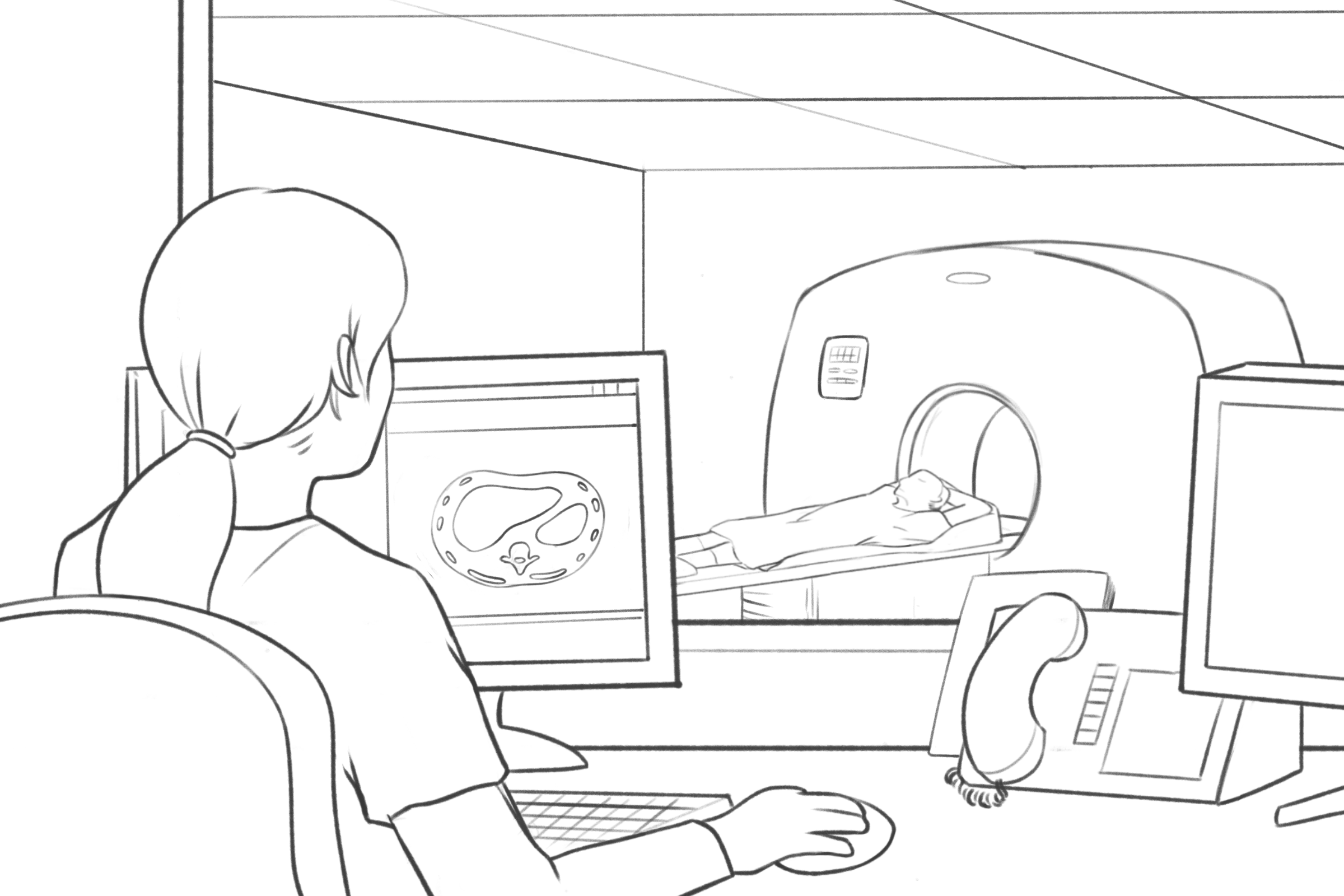 Illustration showing a patient in a donut-shaped scanner bed about to take an MRI/CT/PET scan for their simulation appointment.